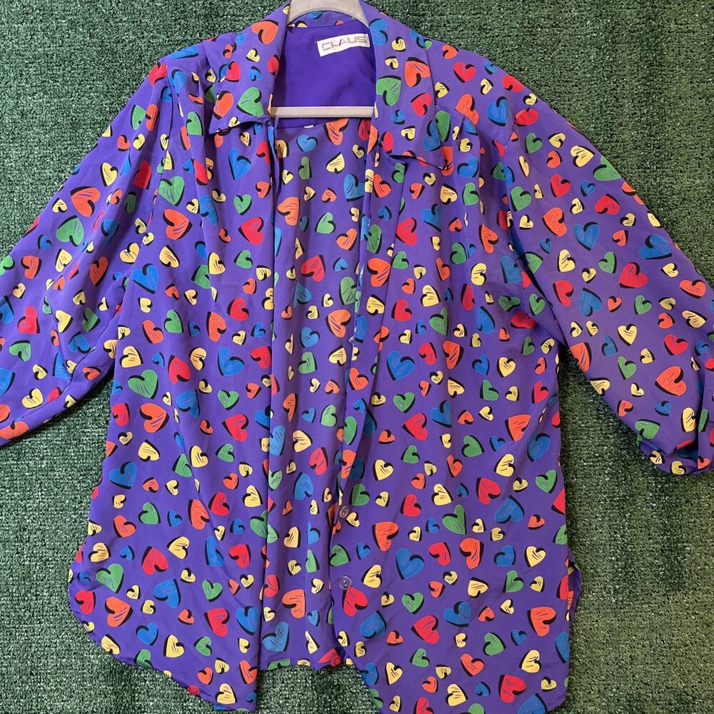 Vtg Chaus Purple Multicolor Hearts Button Down Long Sleeve Oversized Blouse *XL
